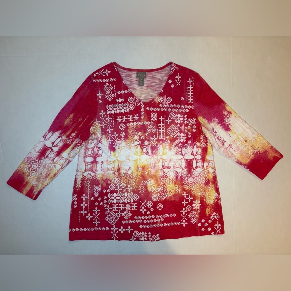 Chico’s pink brilliant art deco 3/4 sleeve v-neck blouse size large